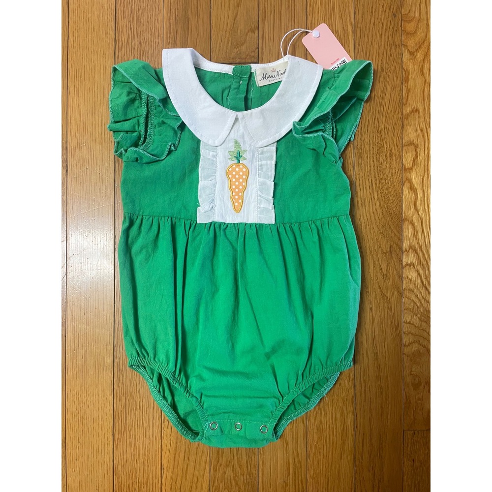 Marie Nicole Green Carrot Embroidered Bubble Romper Peter‎ Pan Collar 18-24M NEW